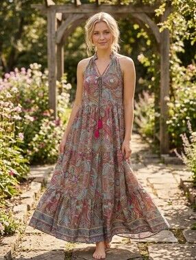 Boemo Paisley Halter Tiered Maxi Dress Small Bohemian Chic Tassel Accent